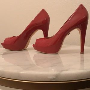 Red Patent High Heel Platform Pumps by Pour La Victoire